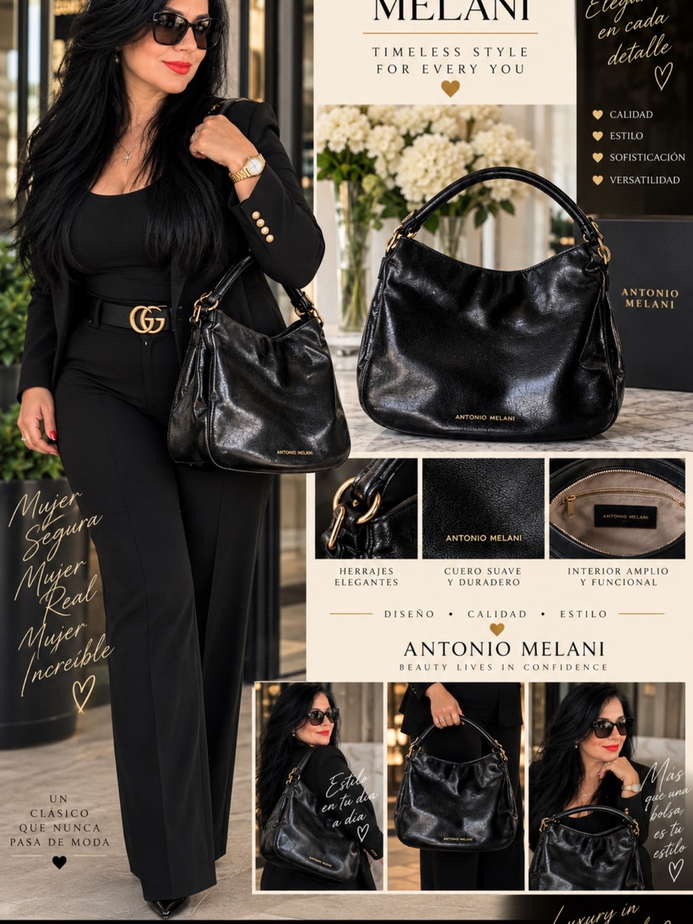 ANTONIO MELANI Black Leather Shoulder Bag with Gold Hardware